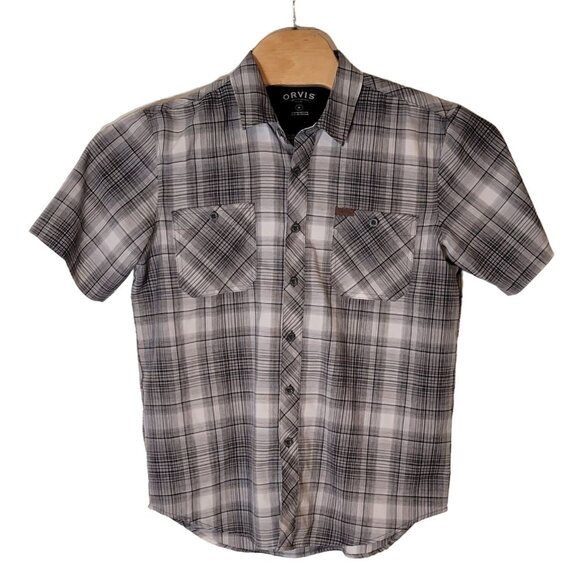 Orvis Button Up Shirt Men's Size Medium Gray White Short Sleeve Moisture Wicking - Picture 1 of 6